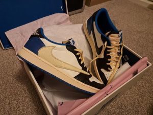 Fragment Design X Travis Scott X Air Jordan 1 Retro Low ‘Sail Black Military Blue’ photo review