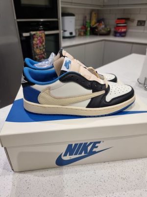 Fragment Design X Travis Scott X Air Jordan 1 Retro Low ‘Sail Black Military Blue’ photo review