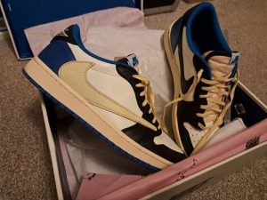 Fragment Design X Travis Scott X Air Jordan 1 Retro Low ‘Sail Black Military Blue’ photo review