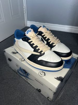 Fragment Design X Travis Scott X Air Jordan 1 Retro Low ‘Sail Black Military Blue’ photo review