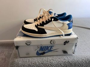 Fragment Design X Travis Scott X Air Jordan 1 Retro Low ‘Sail Black Military Blue’ photo review