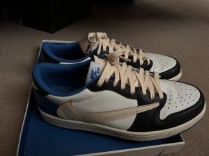 Fragment Design X Travis Scott X Air Jordan 1 Retro Low ‘Sail Black Military Blue’ photo review