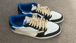 Fragment Design X Travis Scott X Air Jordan 1 Retro Low ‘Sail Black Military Blue’ photo review