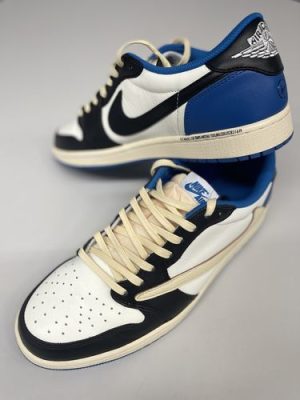 Fragment Design X Travis Scott X Air Jordan 1 Retro Low ‘Sail Black Military Blue’ photo review